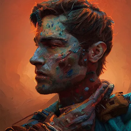 Image similar to Rugged soldier, handsome, colorful, surreal, dramatic lighting, face, upper body, detailed, intricate, elegant, highly detailed, digital painting, artstation, concept art, smooth, sharp focus, illustration, art by Sam Spratt, Dan Mumford, Artem Demura and Alphonse Mucha