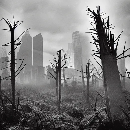 Prompt: a ruined cityscape overgrown with glowing thorns, tall flames flickering in the distance, a cloud of dust blowing in, award - winning photography, chiaroscuro