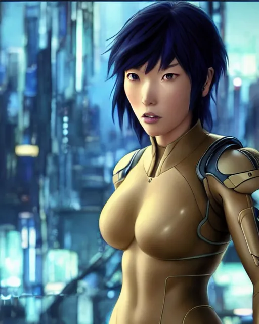 Image similar to weta disney pixar movie still portrait photo of motoko kusanagi the major ghost in the shell : : as cyborg woman by pixar : : by weta, wlop, ilya kuvshinov, rossdraws, artgerm, marvel, maxim cover, latex, octane render, sweaty, iridescent, bright morning, anime, liosh, mucha : :