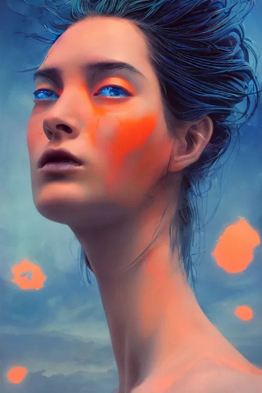 Image similar to 3 d, sci - fi, morning, sleepy fashion model face, sun, neon, cinematic, lightning clouds, vogue cover style, poster art, light orange and deep blue mood, realistic painting, intricate oil painting, high detail, figurative art, multiple exposure, poster art, 3 d, by tooth wu and wlop and beeple and greg rutkowski