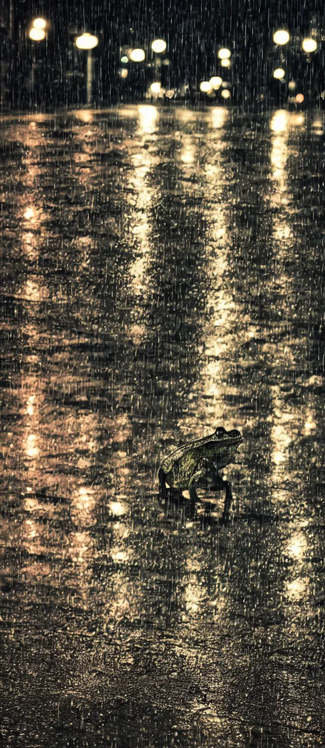 Image similar to photo, night, rain, modern street, lights, close up the wet frog on the wet road, background for phone