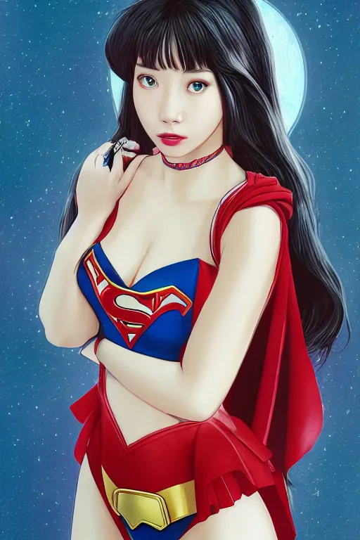 Image similar to Protrait of a Beautiful IU from Hotel del Luna as supergirl, unreal engine, detailed face, rule of thirds, captivating and enticing, , by James Jean