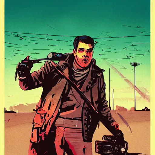 Image similar to a colorful comic noir illustration of billy zane in a mad max scene in a post - apocalyptic city decaying in the desert by queens of the stone age, by sachin teng, dark vibes, pastel lighting, cinematic, depth of field, 8 k, high contrast