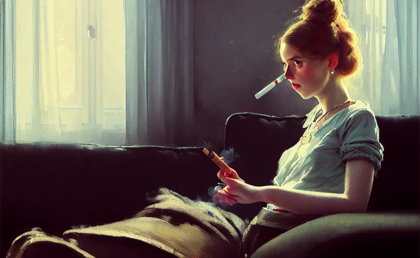 Image similar to portrait of several girls with smoking cigarettes, sitting on a couch, highkey, realistic, serov, surikov, vasnetsov, repin, kramskoi, ultra realistic, depth of field insanely detailed, charlie bowater, tom bagshaw, norman rockwell, octane rendered, unreal engine, rendering, trending on artstation, 8 k