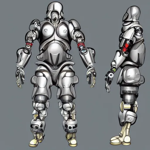 Prompt: The full body of a cyborg Man Character Warrior with an egg shaped head, Concept art, detailed