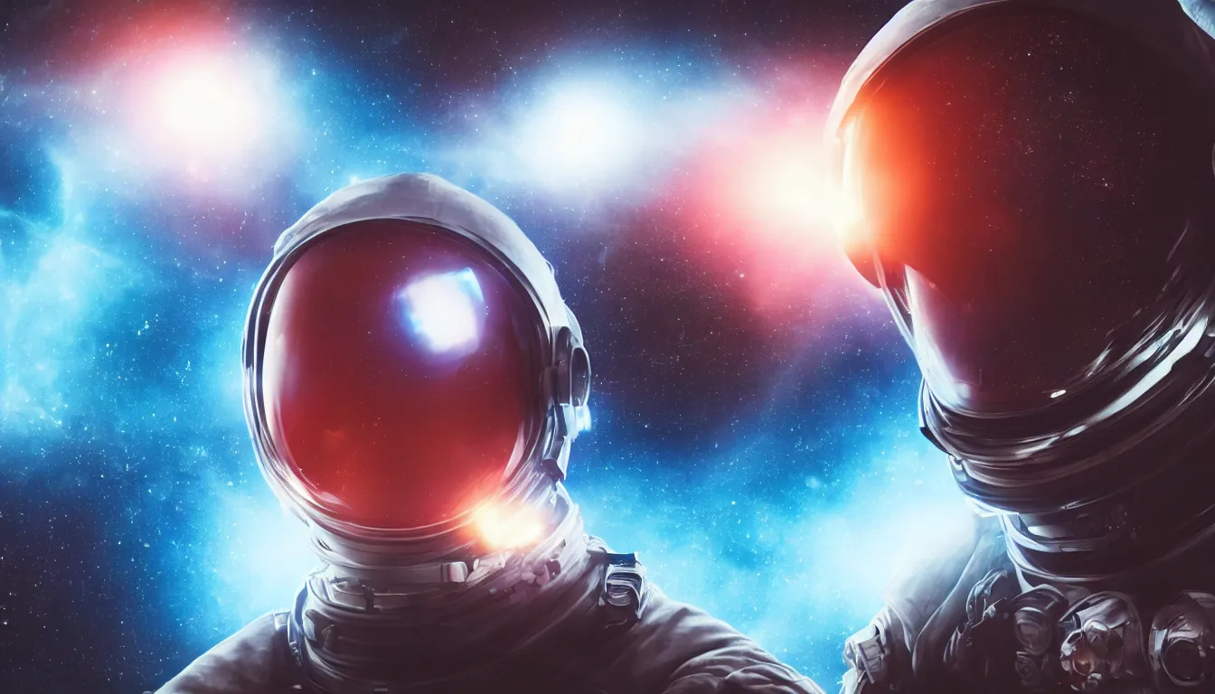 Prompt: photorealistic scene of one cyberpunk astronaut helmet with light reflection looking at space with cosmos background, extremely close shot, 8k, cinematic, epic