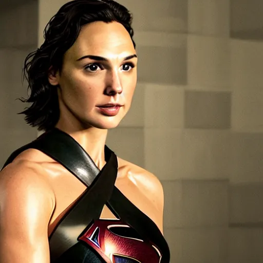 Image similar to an potrait of gal gadot play Man of Steel replacing Henry Cavill, photorealistic, high detail, photo studio, testing custom, 4k