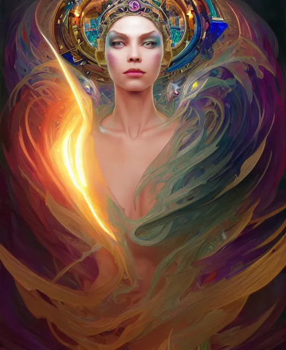 Image similar to a whirlwind of souls rushing inside the metaverse, half body, glowin eye, tiara with sapphire, pharaoh, android, cyborg, cyberpunk face, d & d, fantasy, intricate, elegant, highly detailed, colorful, vivid color, digital painting, artstation, concept art, art by artgerm and greg rutkowski and alphonse mucha and ruan jia