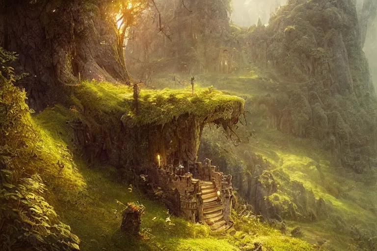 Image similar to single small fantasy castle, highly detailed, on lush green hills with a forest in the background, illustrated by Greg Rutkowski and Gaston Bussiere, 35mm lens, beautiful macro close-up imagery, lush lighting, beautiful volumetric-lighting-style atmosphere