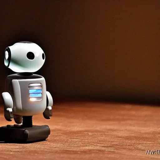 Prompt: a cute little robot, sit on a pin with a lit candle in the background by maxvanzwerg