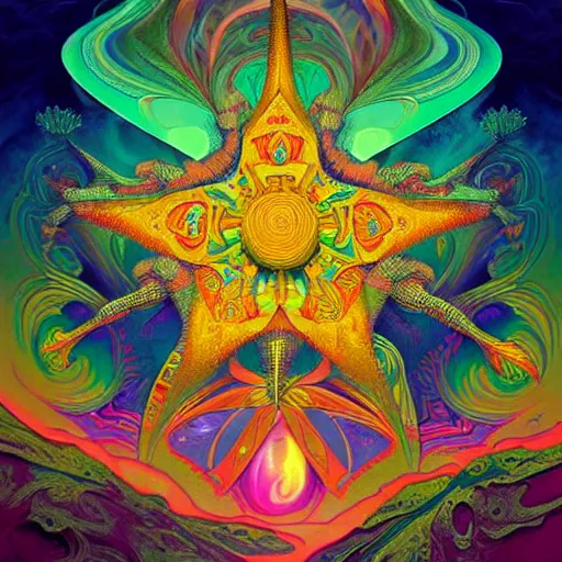 Prompt: An extremely psychedelic abstract illustration of an 3d nautical star, colorful, surreal, dramatic lighting, magic mushrooms, psilocybin, LSD, detailed, intricate, elegant, highly detailed, digital painting, artstation, concept art, smooth, sharp focus, illustration, art by Krenz Cushart and Artem Demura and alphonse mucha, unreal engine 5 render, 8k