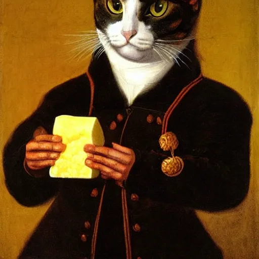 Prompt: portrait painting of a cat holding a piece of cheese and wearing napoleon cloths by George Stubbs, renaissance painting, oil painting, old master