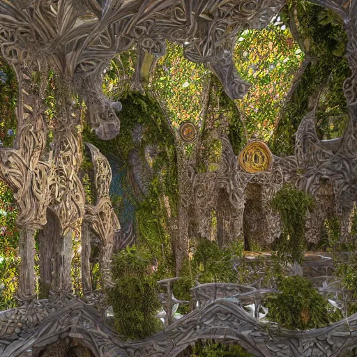 Prompt: photograph art overgrowth geometric cryengine render digital art by james christensen, john stephens, antoni gaudi