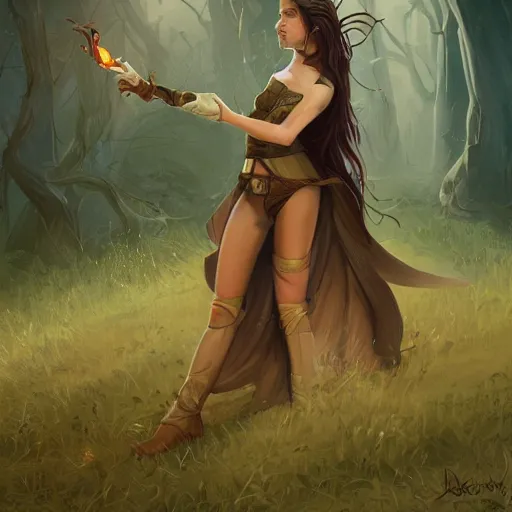 Image similar to portrait of a young beautiful woman with long dark brown hair, green eyes, tan skin, wearing a medieval rogue outfit, casting a flame in one hand that illuminates her face, abandoned ruins landscape, nightime, fantasy rpg, ambient lighting, 8k, illustration, concept art, charlie bowater, lois van baarle, ilya kuvshinov, rossdraws, artstation