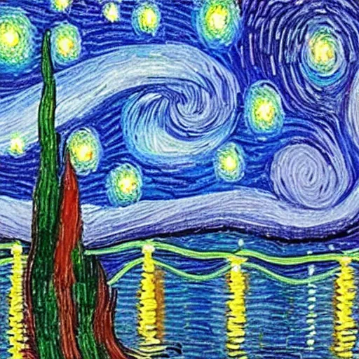 Prompt: starry night with skyscrapers in the style of vincent can gogh