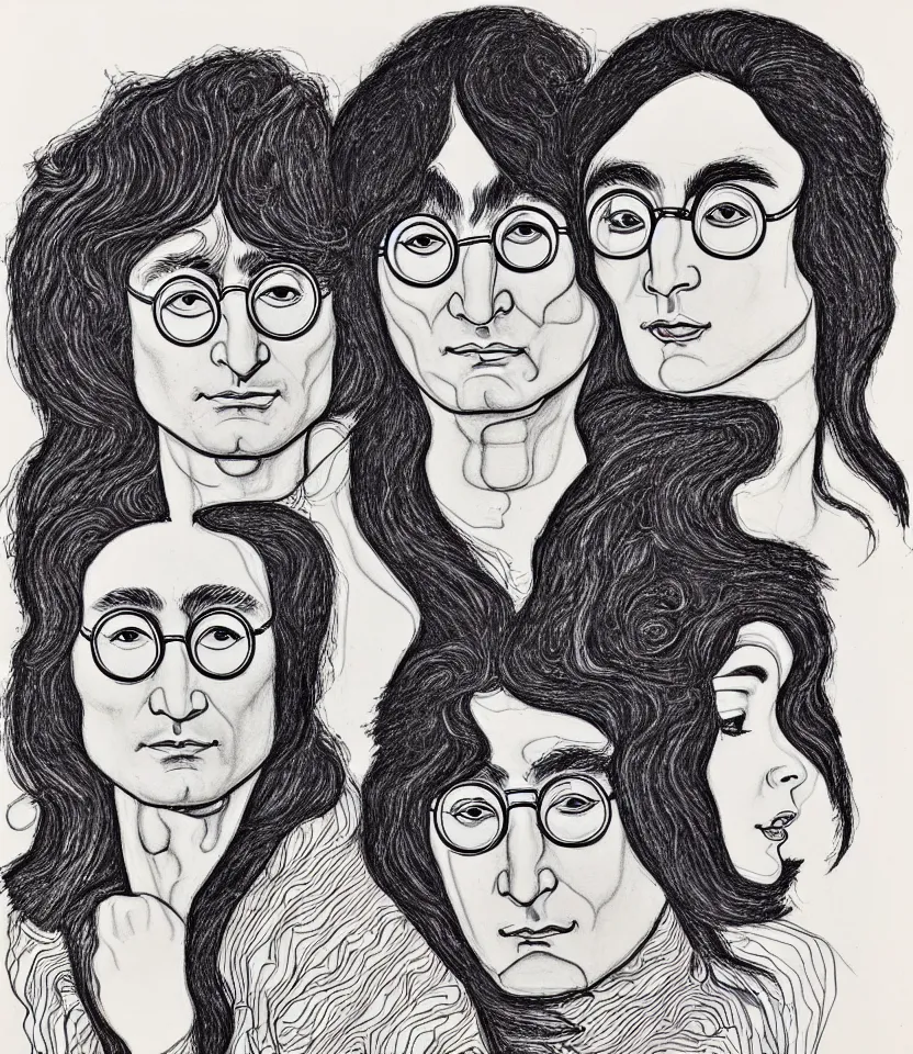 Prompt: elegant intricate line art portrait of john lennon and yoko ono. inspired by egon schiele. contour lines, graphic musicality, twirls, curls, curves, strong confident personality, staring at the viewer