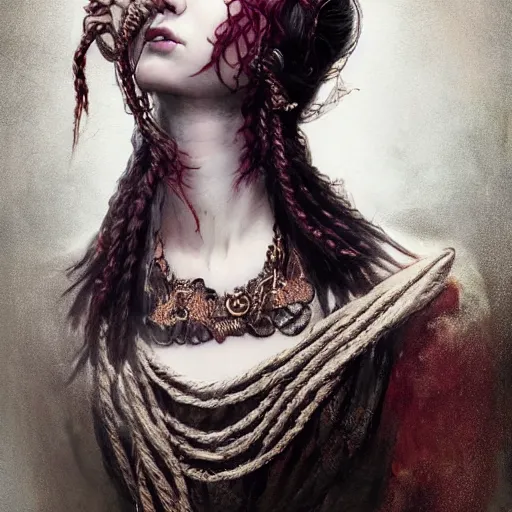 Image similar to portrait of a Shibari rope wrapped face and neck, headshot, insanely nice professional hair style, dramatic hair color, digital painting, of a old 13th century, traveler, amber jewels, baroque, ornate clothing, scifi, realistic, hyper detailed, chiaroscuro, concept art, art by Franz Hals and Jon Foster and Ayami Kojima and Amano and Karol Bak,