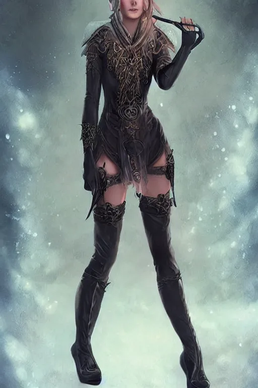 Prompt: a beatiful female elven priestess wearing thigh high black leather boots, hyperrealistic detailed digital art in the style of Charlie Bowater