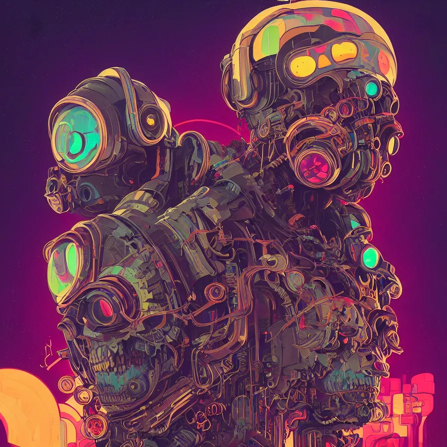 Prompt: a beautiful portrait painting of a ( cyberpunk ) cat skull by simon stalenhag and pascal blanche and alphonse mucha!! and nekro!! and josan gonzalez. in style of digital art. colorful comic, film noirs, symmetry, brush stroke, vibrating colors, hyper detailed. octane render. trending on artstation