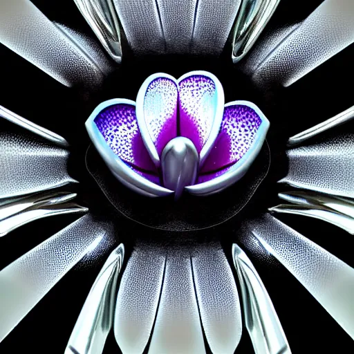 Prompt: a retrofuturistic, cybertronic, metallic, reflective orchid flower, high detail