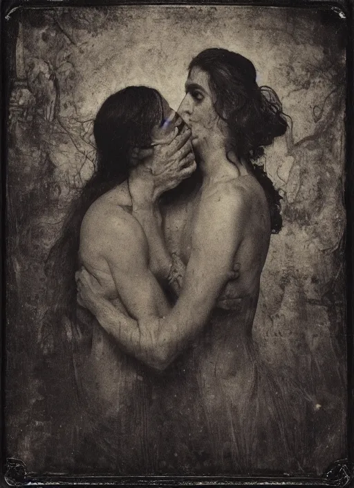 Image similar to old wetplate daguerreotype judas kiss of betrayal, fractal, intricate, elegant, highly detailed, parallax, leica, medium format, subsurface scattering, by jheronimus bosch and greg rutkowski and louis jacques mande daguerre