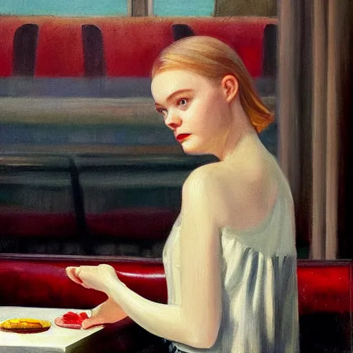 Image similar to Elle Fanning at a diner, head and shoulders portrait, stormy weather, extremely detailed masterpiece, Roger Deakin’s cinematography, oil on canvas, Edward Hopper,