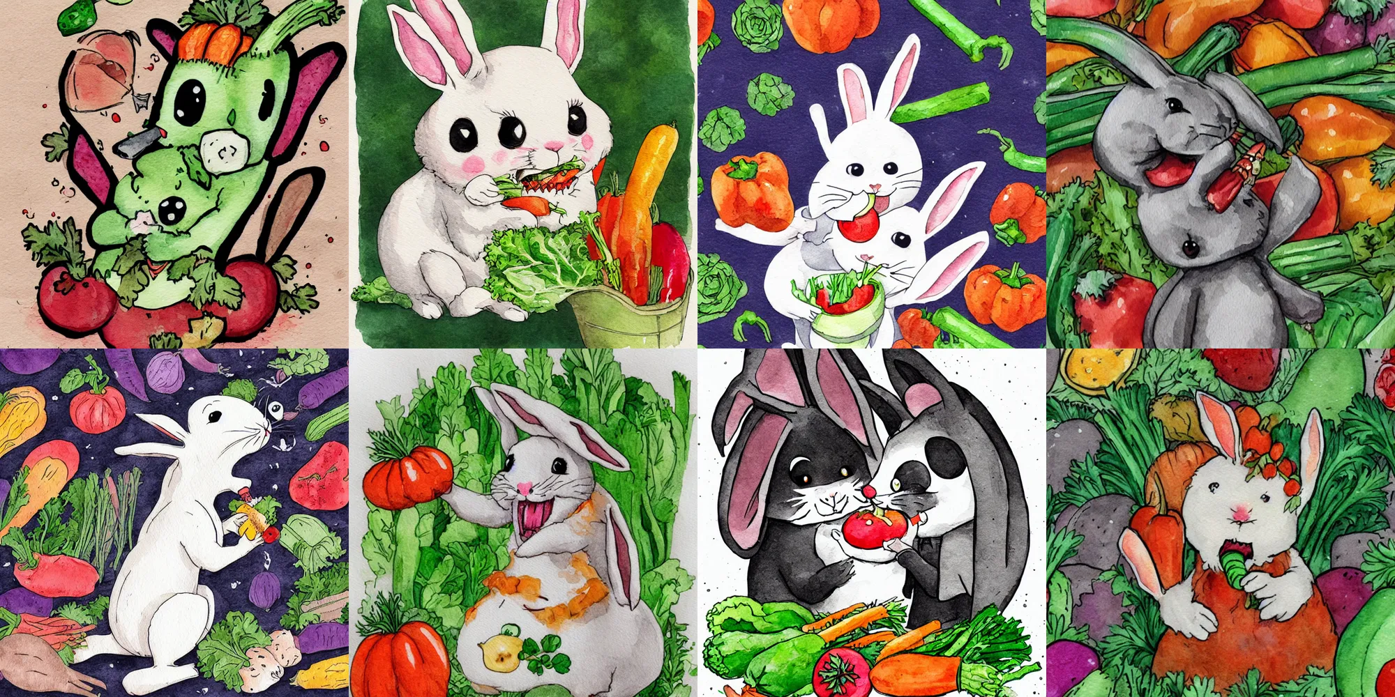 Prompt: an adorable bunny vampire is sucking the juice out of vegetables because it\'s so hungry, there\'s a whole pile of vegetables that are filled with little bitemarks, watercolor illustration