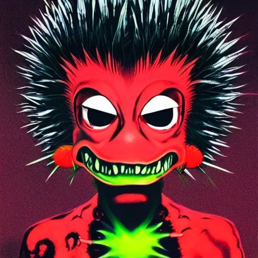Image similar to a red punk rock rapper alien with black spiked hair, an airbrush painting by Jamie Hewlett, black background, cgsociety, symbolism, antichrist, aesthetic, 8k