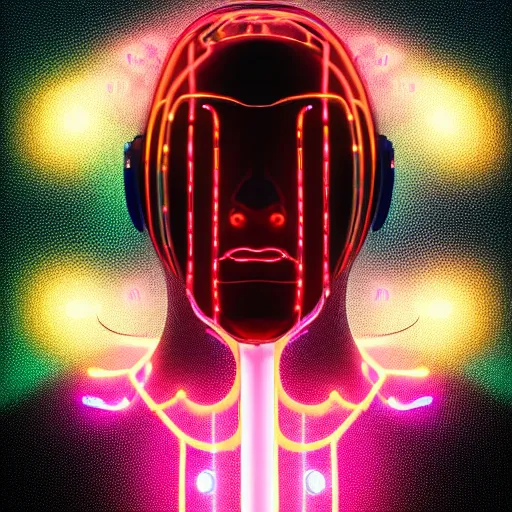 Image similar to hyperdetailed portrait of a cyberpunk futurism robot head, 8 k, glowing wires and tubes, symetrical, flourescent colors, halluzinogenic, realistic, black background