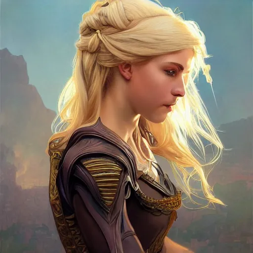 Image similar to an epic fantasy comic book style portrait painting of a young blonde girl thief, d & d, fantasy, joyful smirk, intricate, elegant, highly detailed, digital painting, artstation, concept art, matte, sharp focus, illustration, art by artgerm and greg rutkowski and alphonse mucha