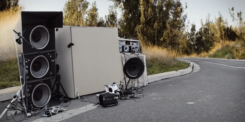 Image similar to a detailed color photograph of a musician's portable recording studio in the median strip of a california highway, trending on artstation, hyperrealism