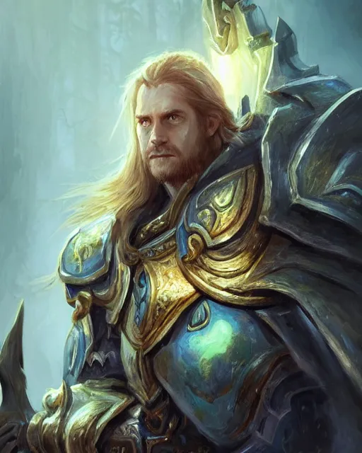 Image similar to portrait of arthas menethil, fantasy, intricate, sharp focus, lens flare, bloom, rim light, illustration, highly detailed, digital painting, concept art, matte, art by ruan jia. front view