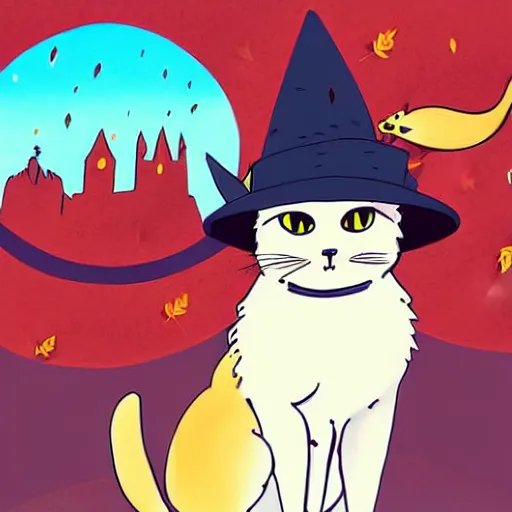 Image similar to very cute illustration of a cat wearing a witch hat, studio ghibli art style, warm fall colors