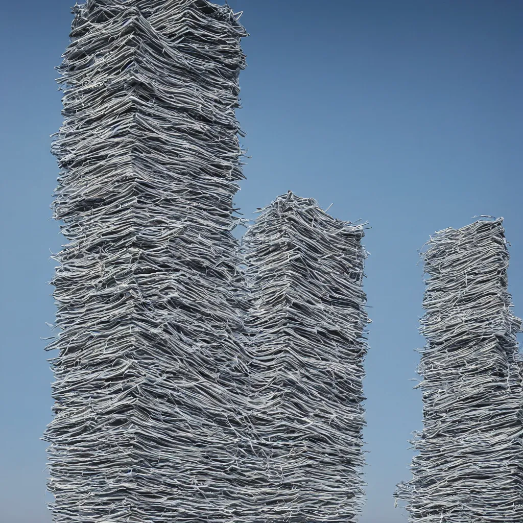 Image similar to intertwined high towers made up of stacked makeshift shelters, uniform plain sky, mamiya, very sharp, very detailed, pastel colours, photographed by cristina de middel