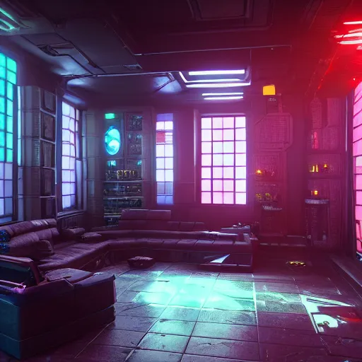 Image similar to A photograph of interior of cyberpunk mansion set in a cyberpunk utopia. Highly detailed, 8k wallpaper, HDR, concept art, unreal engine 5, 4k, 8k, ray tracing, bloom, lens flare