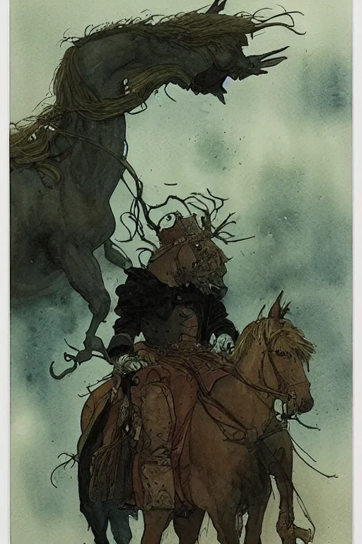 Prompt: a simple and atmospheric watercolour portrait of a the headless horseman on halloween, very muted colors, by rebecca guay, michael kaluta, charles vess and jean moebius giraud