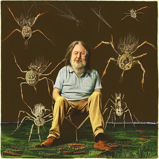 Prompt: robert wyatt sitting amongst big hairy spiders, robert wyatt album art style