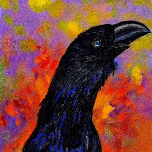 Image similar to impressionist oil painting of a very attractive raven bird wearing a hair bow and necklace