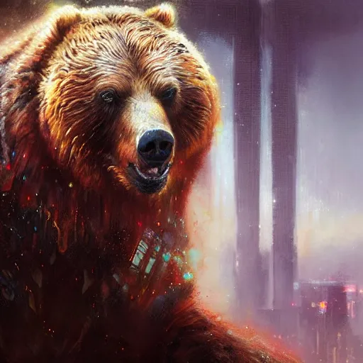 Prompt: stunning portrait of a brown bear, painting by Raymond Swanland, cyberpunk, sci-fi cybernetic implants hq