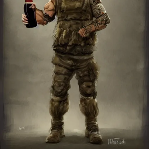 Image similar to a humanoid german shepherd beast - man in military style, holding a bottle of beer, artstation, concept art, smooth, sharp foccus ilustration, artstation