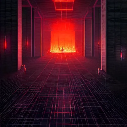 Prompt: professional ominous concept art architecture of a black room with burning embers by artgerm and greg rutkowski. an intricate, elegant, highly detailed digital painting, concept art, smooth, sharp focus, illustration, in the style of simon stalenhag, wayne barlowe, and igor kieryluk. ( low camera angle )
