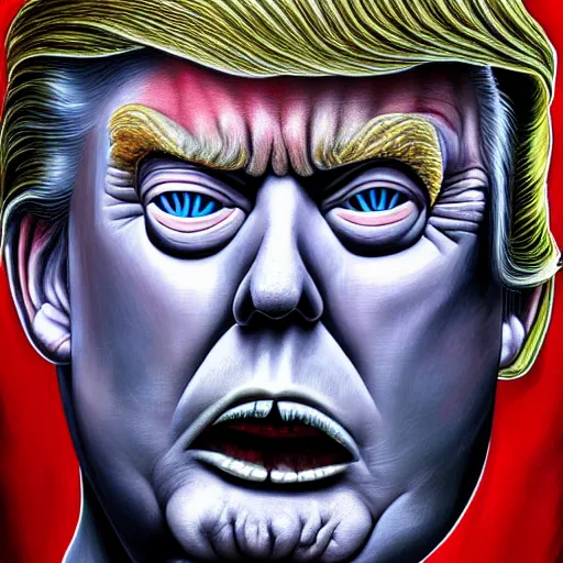 Image similar to h. r. giger donald trump painting, hyperdetailed, photorealistic, 4 k