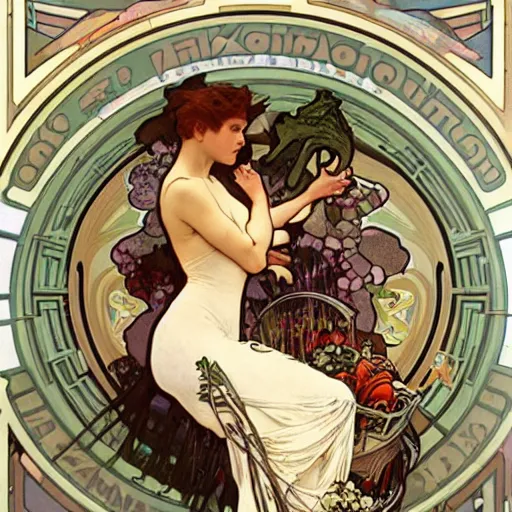 Image similar to a T-Rex going grocery shopping art by alphonse mucha and Monia Merlo and Raymond Swanland