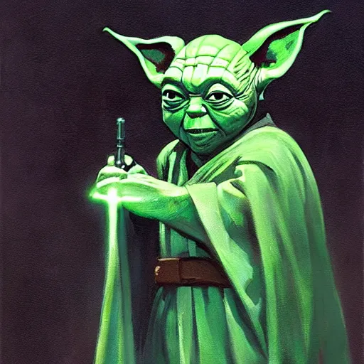 Image similar to Master Yoda holding a green lightsaber, oil painting, by Greg Rutkowski