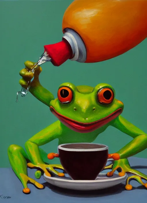 Prompt: clown frog drinking coffee, global illumination, oil paint, depth