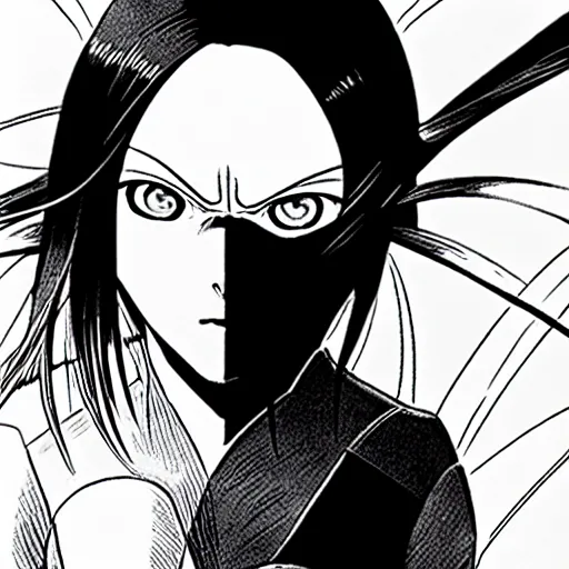 Image similar to alita by yukito kishiro. medium shot. black and white manga. pencil drawing.