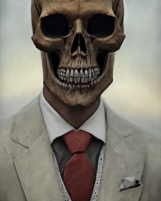 Prompt: portrait of a man wearing skull mask and white formal suit, digital illustration, matte painting, hyperrealistic, photoreal, symmetry, highly detailed, 8 k, hd, by beksinski and rutkowski and stalenhag