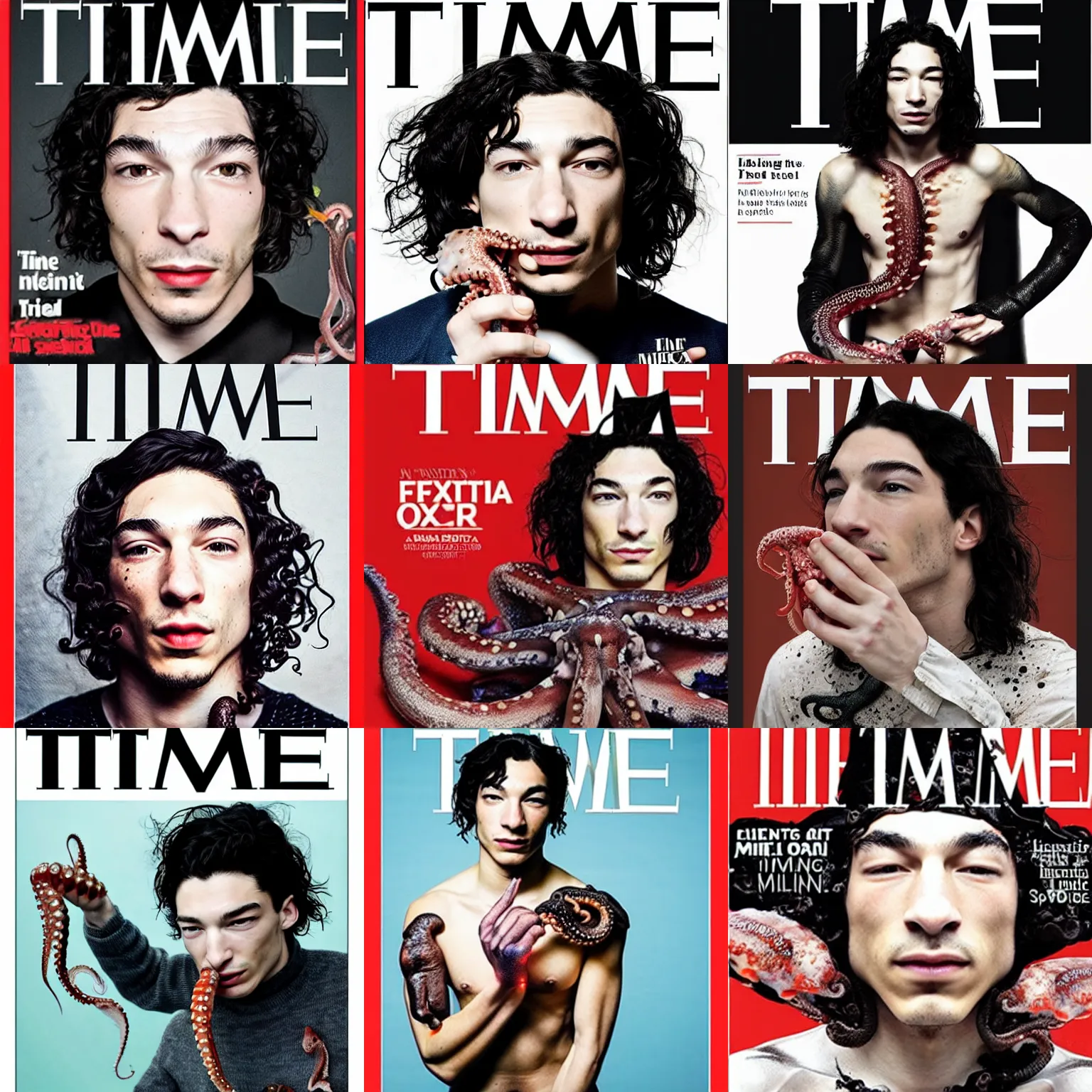 Prompt: Time magazine cover of Ezra Miller in eating an octopus whole with ink running down his chin