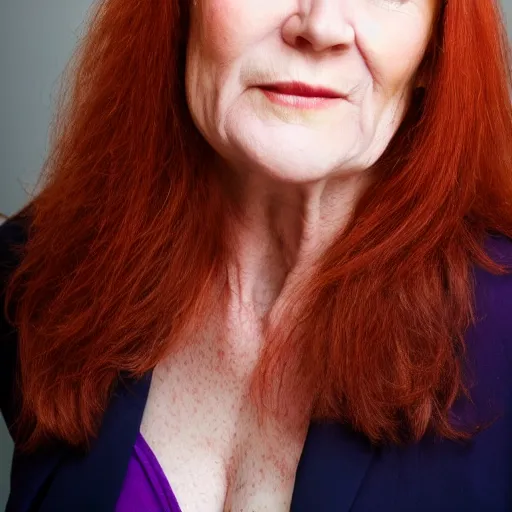 Prompt: mature woman with long ginger hair and purple eyes, high quality photo