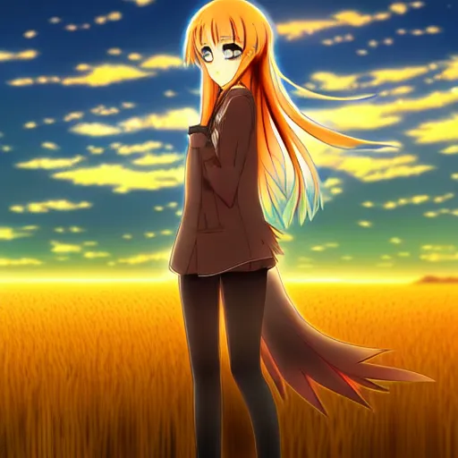 Image similar to anime illustration of Holo from Spice and Wolf standing in a wheat field at sunset, Holo is a wolf girl, high detail, trending on pixiv